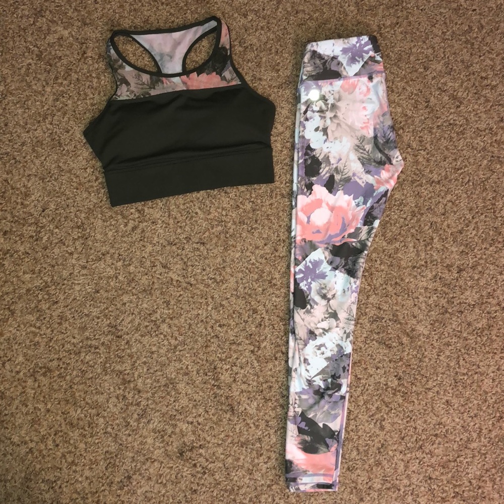 fabeltics outfit. pink and green floral pattern